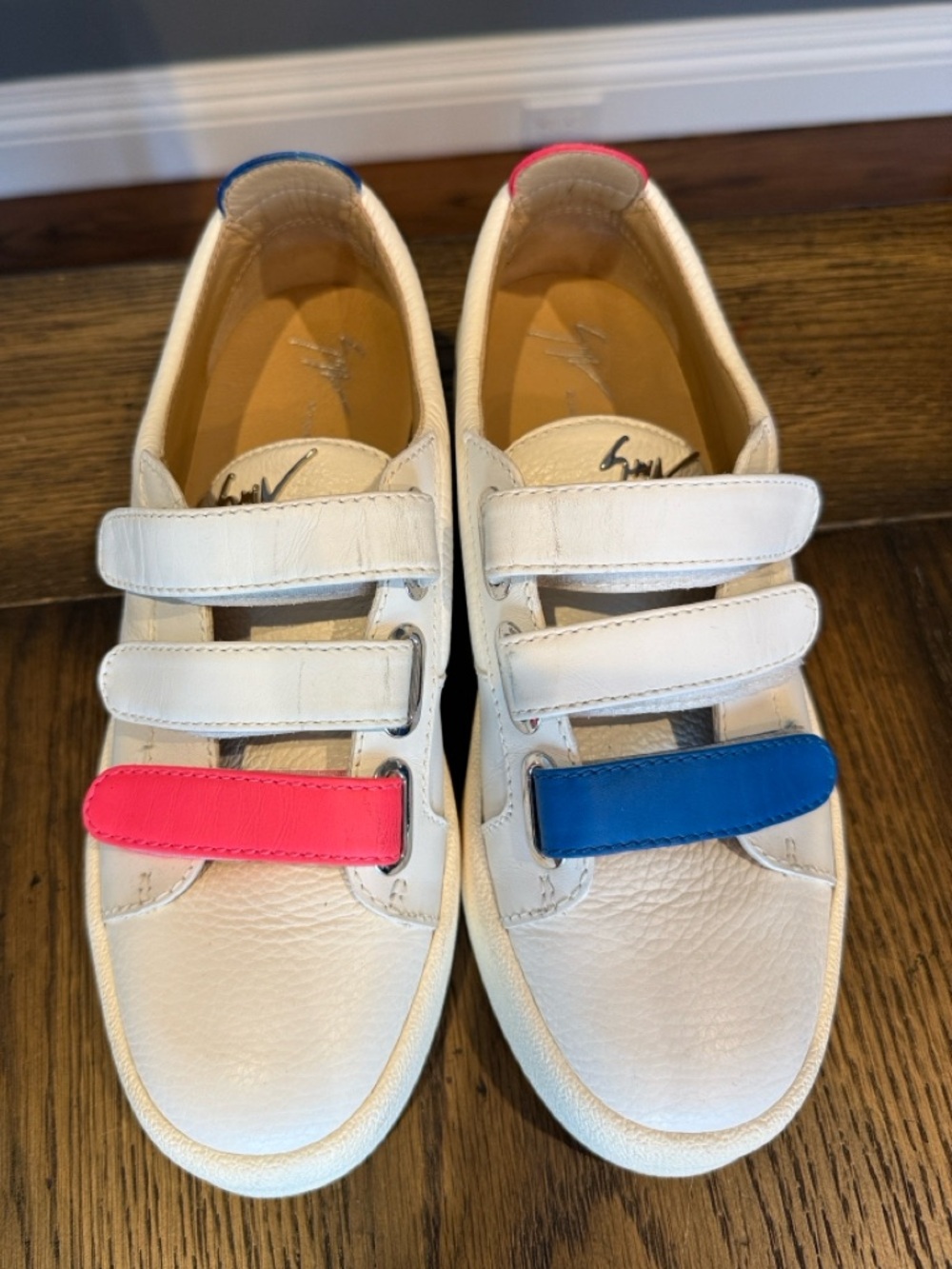 White Leather Sneakers with Pink & Blue Accents - Double Velcro